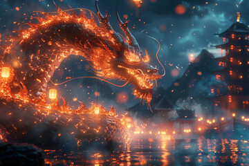 Grand Asian dragon near ancient pagoda amidst twinkling Asian town in evening glow, Chinese traditional folklore