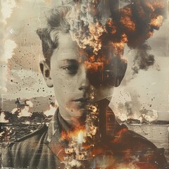 Fototapeta premium Youthful Face Merging with War and Destruction
