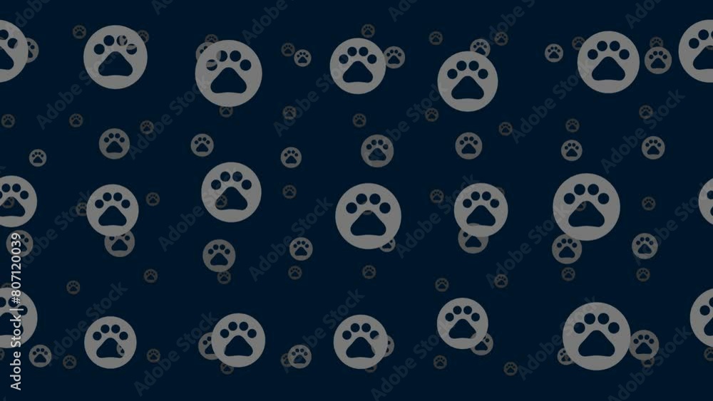 Poster pet symbols float horizontally from left to right. parallax fly effect. floating symbols are located