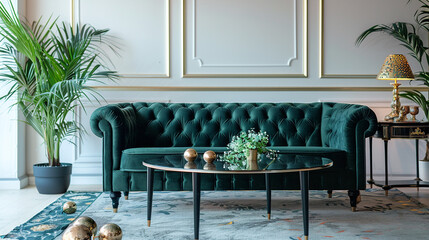 This opulent living room features a plush green 
