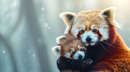 Tender Embrace of a Red Panda Mother Holding Her Baby on a Soft Pastel Background - Powered by Adobe