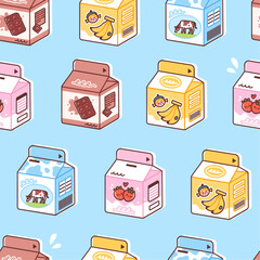 Flavored milk cartons seamless pattern. Vector illustration of sweet dairy beverage for children. Flavors include strawberry, banana and chocolate. Tasty drinks in cute packaging in colorful flat styl
