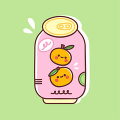 Orange flavored soda in a cute can. Vector illustration of a fresh summer fizzy drink. Carbonated sweet beverage with fruit flavor in colorful flat style.