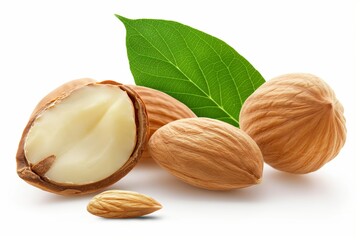 Fresh almond nuts with one partially cracked, revealing kernel, accompanied by green leaves