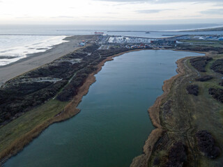 Aerial landscape of lake and beach on IJmuiden by North Sea in North Holland