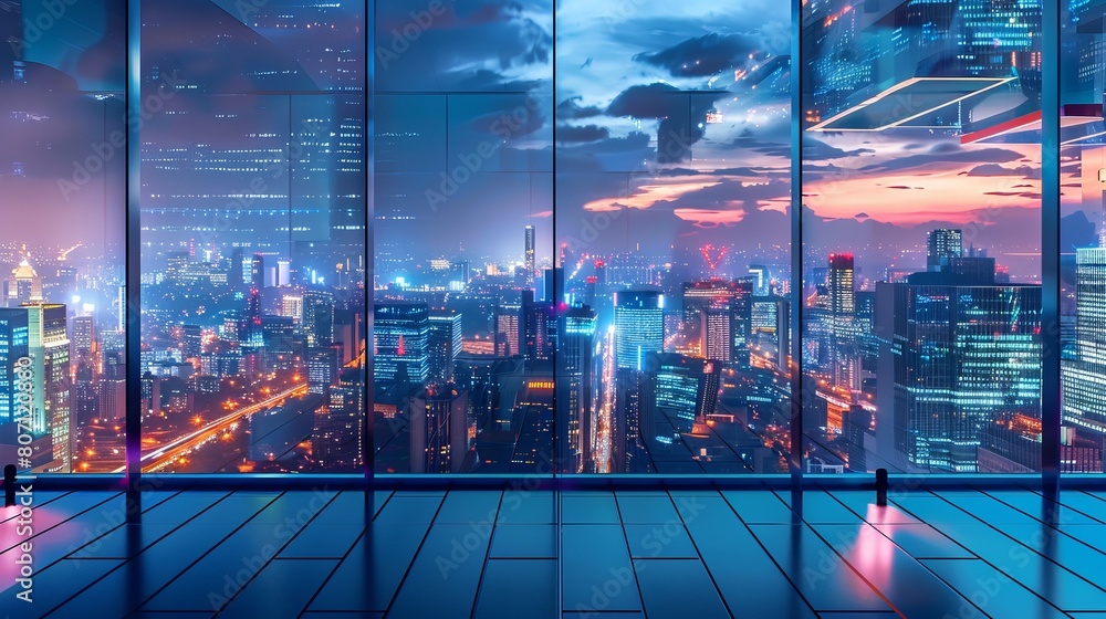 Poster an elevated modern high-tech platform providing a panoramic view of a sprawling futuristic cityscape