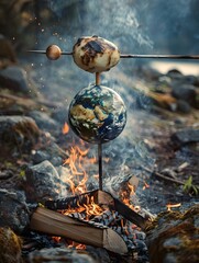 Grilled Globe Earth Rotating on Spit Over Rustic Campfire with Natural Textures and Swirling Smoke