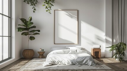 An interior poster mock-up showcases a vertical frame positioned on the floor within a home bedroom interior, rendered in 3D.