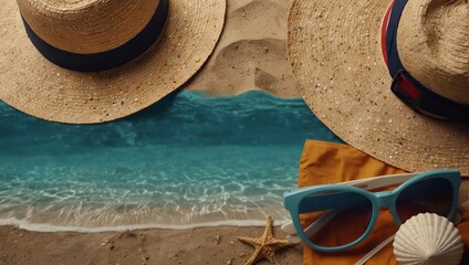 Two straw hats and sunglasses on a beach