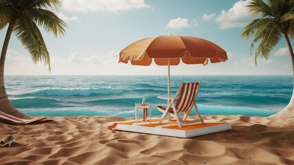 A beach scene with a white and orange umbrella and a white chair