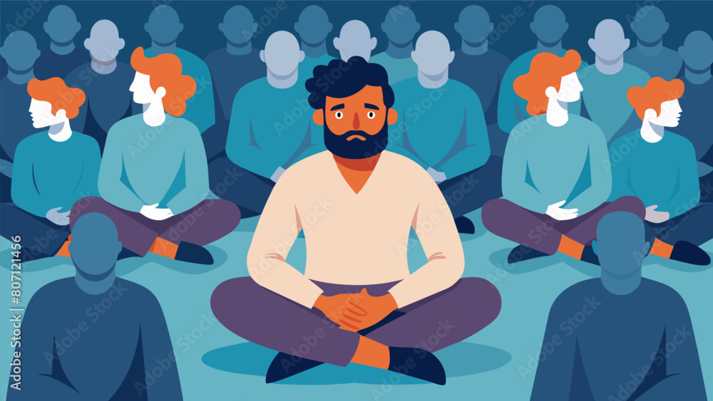 Poster a man calmly sitting in a chaotic crowd embodying the stoic ability to remain unperturbed by externa