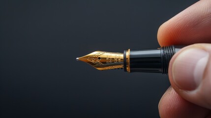 Close view of a hand purposefully holding a fountain pen, ready to write, highlighted by studio lighting on an isolated background