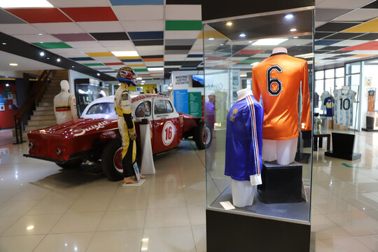 Jerseys from the Dutch and French soccer teams from the Argentina 78 World Cup on display at the Mario Alberto Kempes Sports Museum in Córdoba, Argentina. Oscar Cabalen's Chevrolet racing coupe 