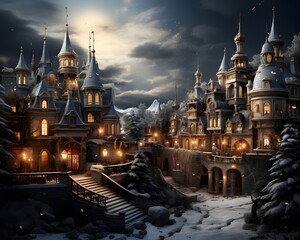 Winter fairy tale castle at night with snow on the roof. 3d rendering