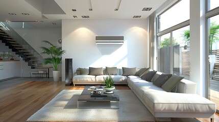 Energy efficient air conditioner with fresh natural in a modern living room,
