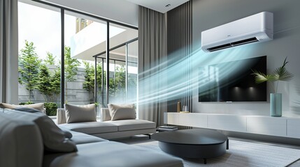 Energy efficient air conditioner with fresh natural in a modern living room,