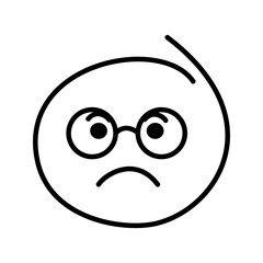 A black and white drawing of an ordinary emoticon, smiley bespectacled man wearing round glasses with closed eyes is sad, offended