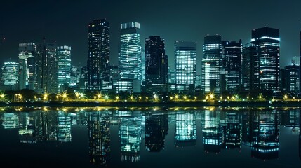 Depiction of the reflection of light from a night megacity on a water surface, offering a captivating visual portrayal of urban life at night.