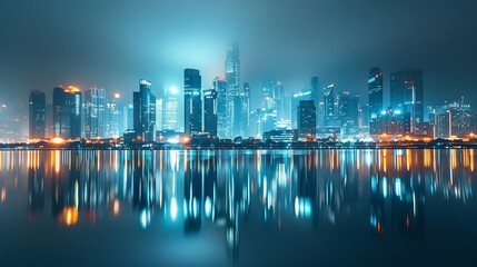 Depiction of the reflection of light from a night megacity on a water surface, offering a captivating visual portrayal of urban life at night.