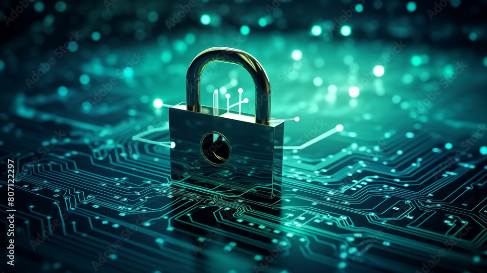 Poster a conceptual image featuring a padlock on a glowing circuit board, symbolizing cybersecurity and dat