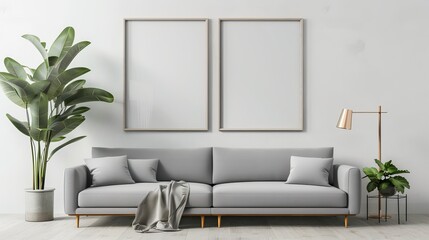 Displaying an interior poster mock-up presenting two vertical empty wooden frames, a gray sofa, a plant, and a lamp within a living room with a white wall. Rendered in 3D.