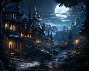 Halloween night in haunted house with full moon, 3d illustration
