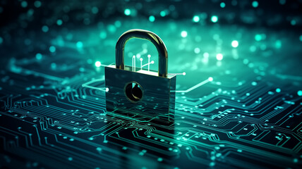 A conceptual image featuring a padlock on a glowing circuit board, symbolizing cybersecurity and data protection.
