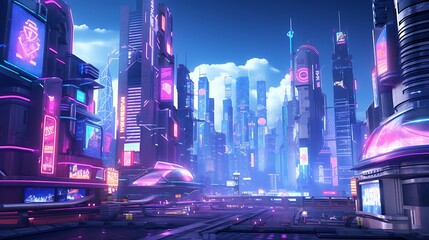 A futuristic cityscape illuminated by the neon glow of animated billboards and holographic advertisements, with flying cars zipping through the sky overhead.