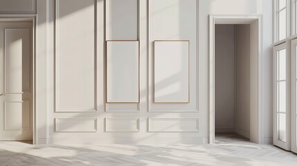 Fototapeta premium Featuring a frame mock-up within a minimalist interior setting, serving as a gallery wall mock-up and poster mock-up, presented in a 3D rendering.