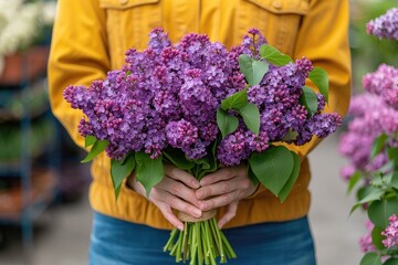 A woman in a yellow jacket holding a bouquet of purple lilacs
