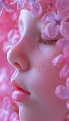 a close up of a woman s face surrounded by pink flowers