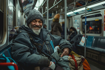 Fototapeta premium Contented Elderly Man Smiling While Riding The Crowded Urban Subway Train. Positive homeless