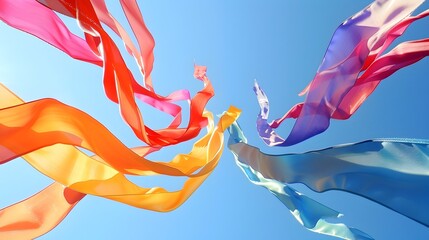 Colorful silk ribbons dancing freely in the blue sky