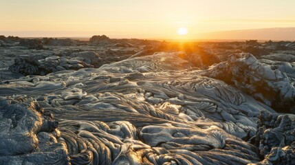 Golden sunset illuminating the twisted and textured surface of a vast lava field, highlighting its intricate patterns.