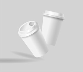 Two White Paper Coffee Cups Floating Against Gray Background. Realistic 3d Vector Mugs Mockup with Minimalist Design