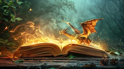 Opened Magic book with magical dragon on page