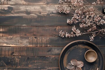 Rustic Wooden Table with Dried Flowers and Vintage Tableware - Powered by Adobe