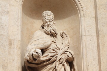 San Marcello al Corso Church Exterior Detail with Statue of Pope Marcellus I in Rome, Italy