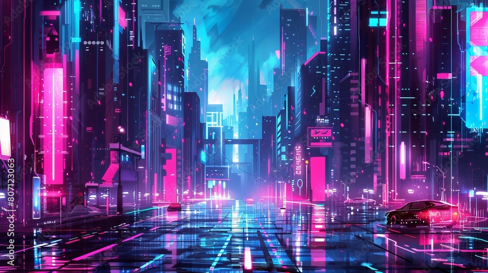 Poster futuristic cityscape design featuring a multitude of neon lights, creating an extraordinary backgrou