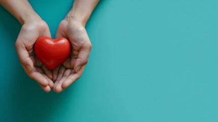   A person holding a red heart against a blue heart-shaped background