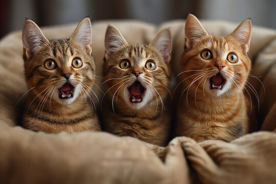 Meme. Three orange tabby cats with wide eyes and open mouths peek over a blanket, expressing surprise or curiosity and screaming. For pet focused content, memes, or expressive animal photography.