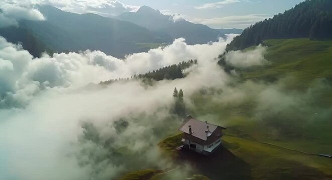 Aerial footage of a drone ascending through clouds, framing Sass de Putia in cloud-kissed Dolomites. Chalets dot lush hills as drone drifts above them. Near La Val, Italy. LuPa Creative.
