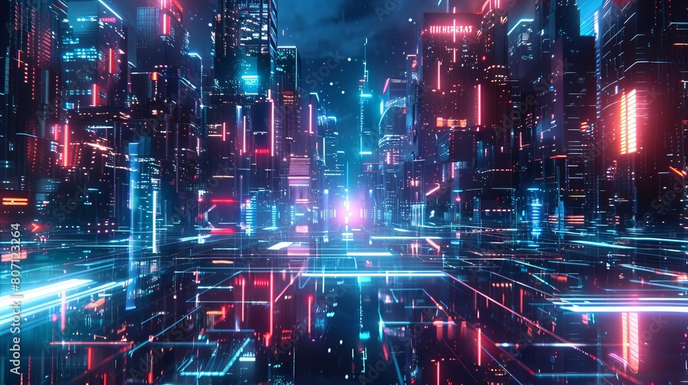 Poster futuristic cityscape design featuring a multitude of neon lights, creating an extraordinary backgrou