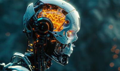 Side view of futuristic robotic head with glowing neural circuits and mechanical details