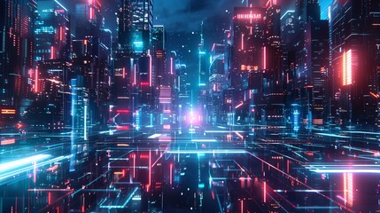 Futuristic cityscape design featuring a multitude of neon lights, creating an extraordinary background wallpaper in a digital art style.