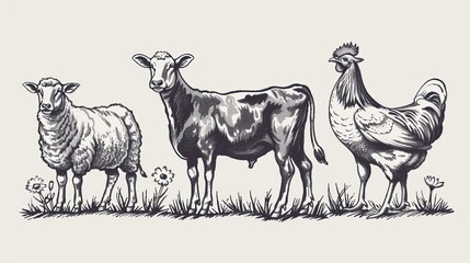 Hand-drawn engraving-style vector illustration showcasing a cow, sheep, and chicken, representing farm domestic animals in a rustic manner.