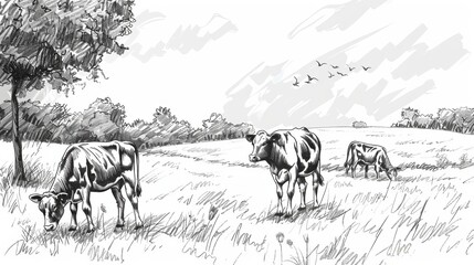 Hand-drawn illustration capturing cows grazing on a meadow, conveying a pastoral scene.