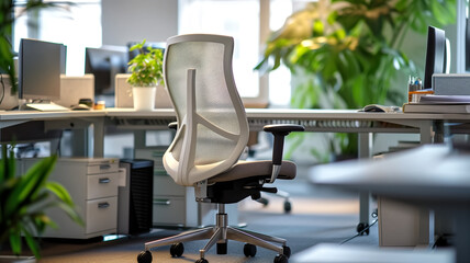 Ergonomic office chair centered in a well-lit modern office environment with computers and green plants.
