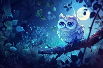 A cute of a nocturnal animal, illustrating an owl as a wise therapist in a cozy office, with futuristic styles, set in a moonlit forest clearing, Sharpen banner with copy space