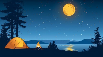 Obraz premium A man and a woman sit by a campfire at night, overlooking a tranquil lake and the full moon's radiant glow
